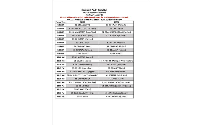 2024-2025 Picture Day Schedule